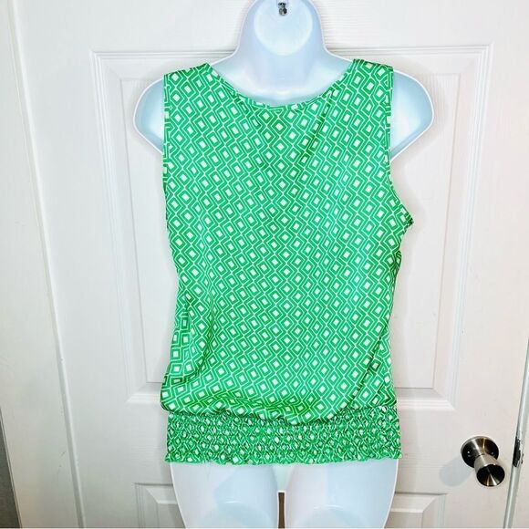 Jules & Leopold Geometric Satin Sleeveless Layering Top Smocked Waist Green S - Picture 7 of 9